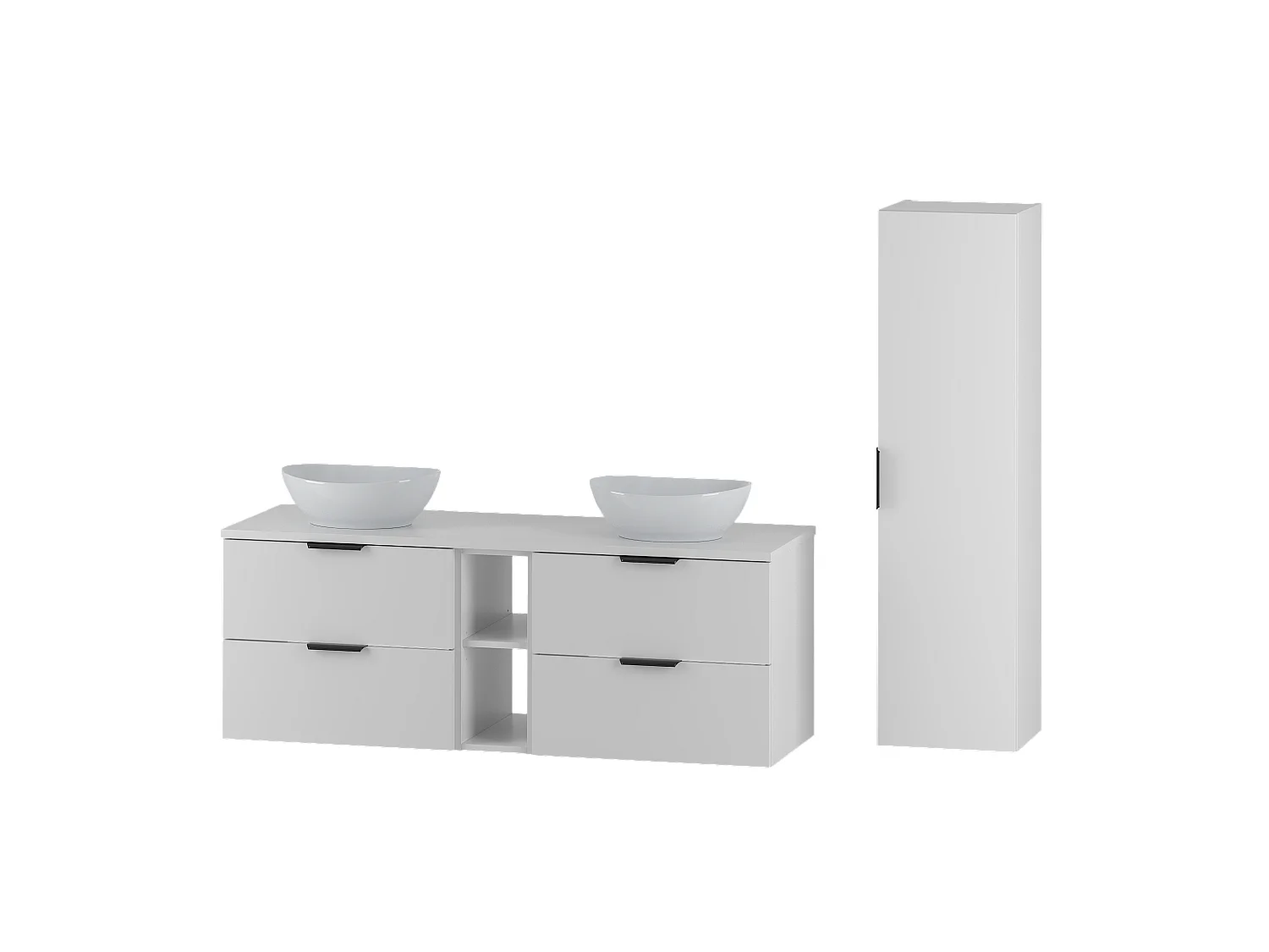 Weißes Badezimmer-Set 140 cm Schrank und Regal mit Arbeitsplatte und Waschbecken und Hochschrank Pile