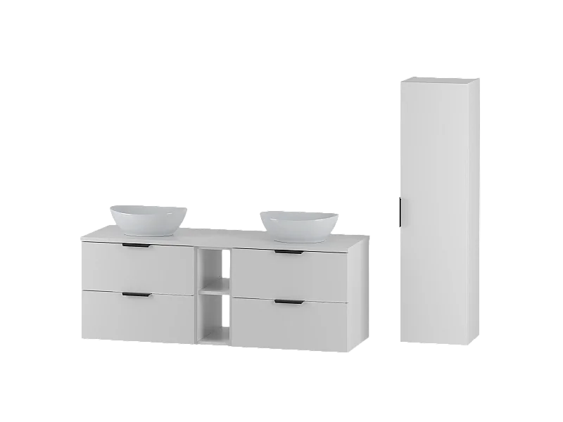 Biały Zestaw do Łazienki 140cm Szafka Regał Blat Umywalka Słupek Pile