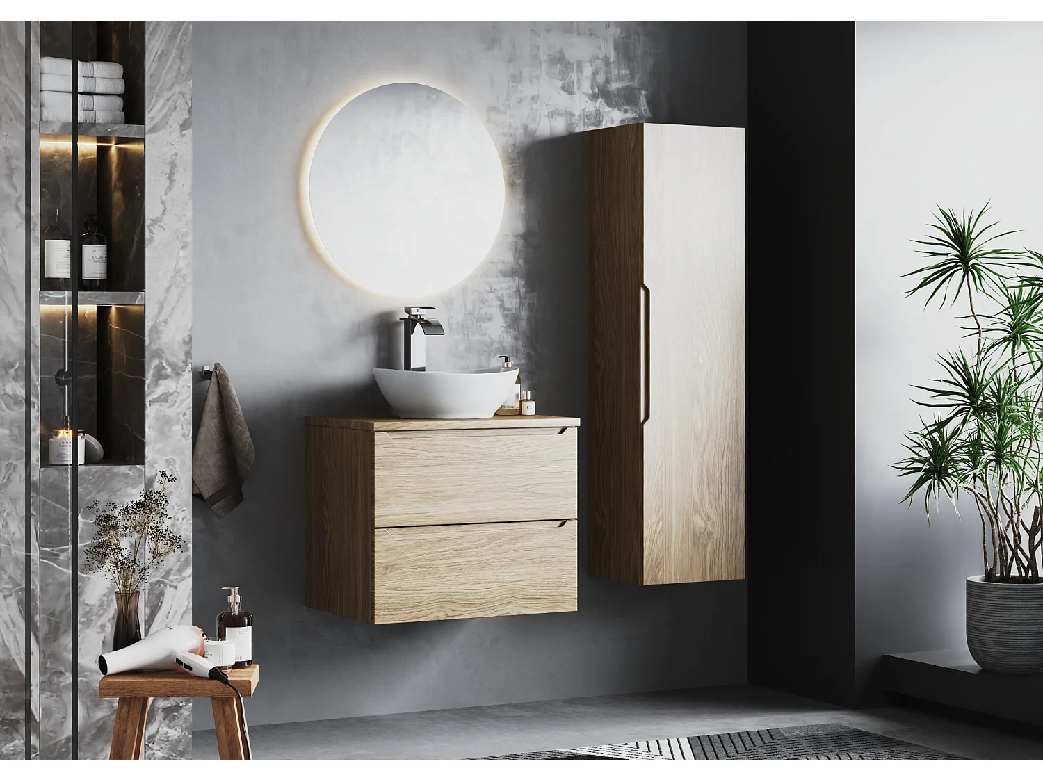 Badezimmer-Set 60 cm Schrank mit Arbeitsplatte und Waschbecken Eiche geölt Etna