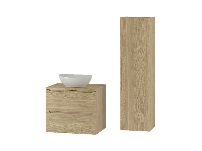 Badezimmer-Set 60 cm Schrank mit Arbeitsplatte und Waschbecken und Hochschrank Eiche geölt Etna