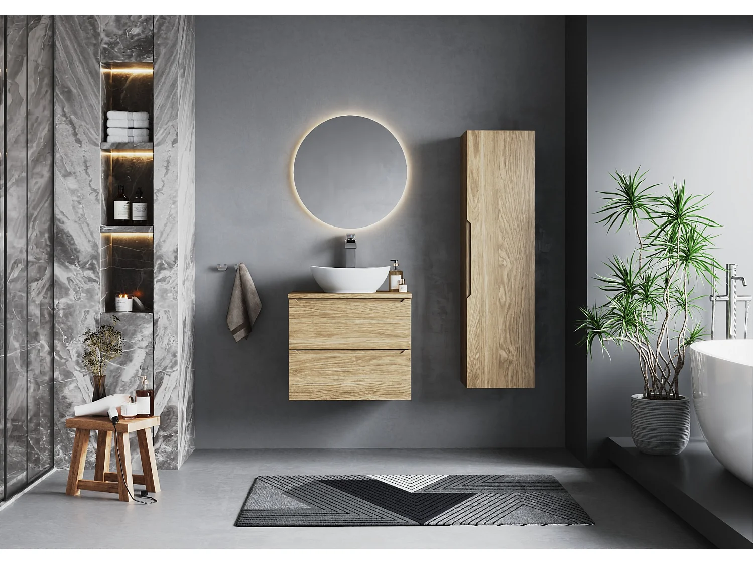 Badezimmer-Set 60 cm Schrank mit Arbeitsplatte und Waschbecken und Hochschrank Eiche geölt Etna