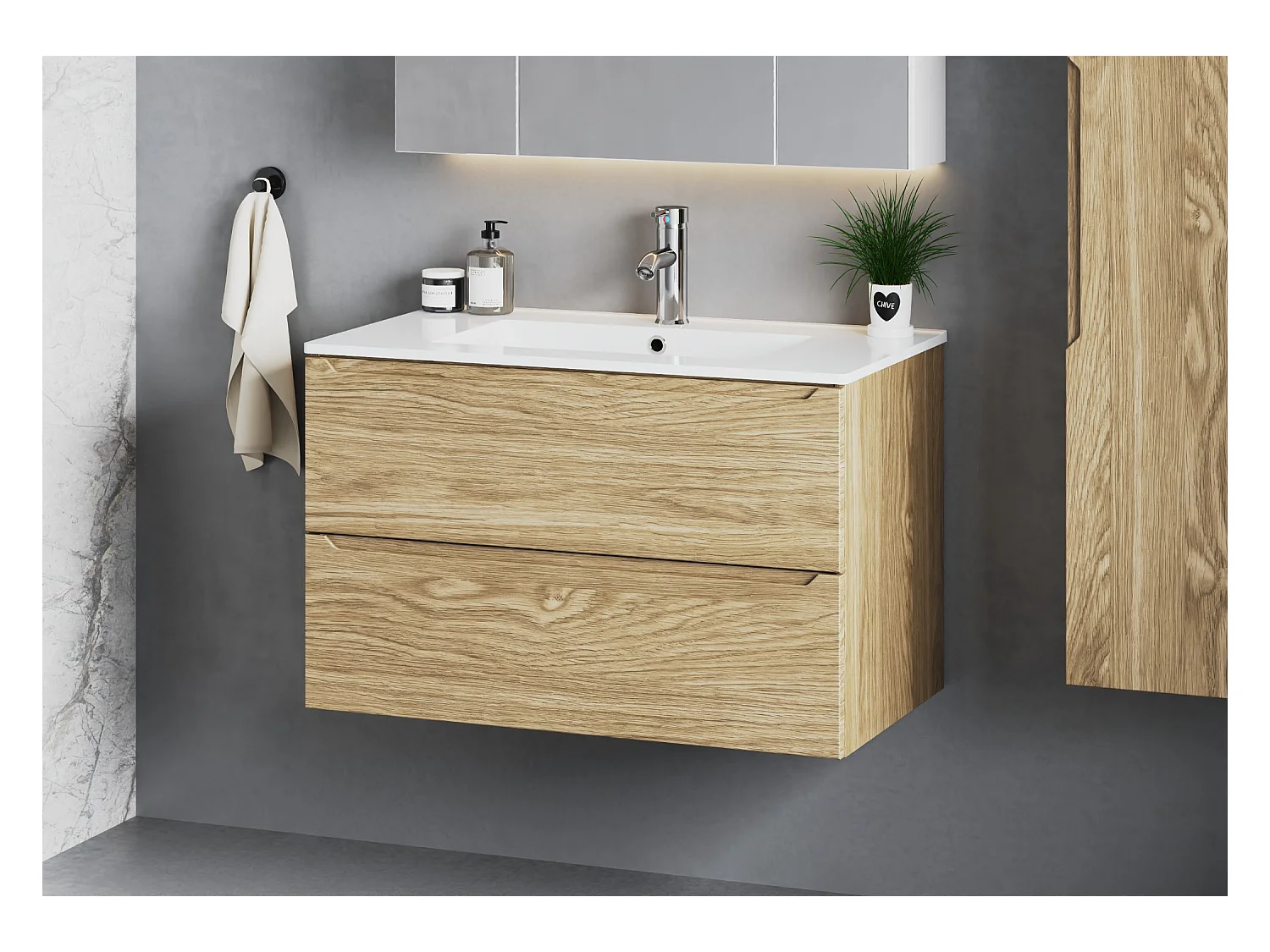 Ensemble pour salle de bain 80 cm Meuble avec lavabo Colonne Chêne huilé Etna