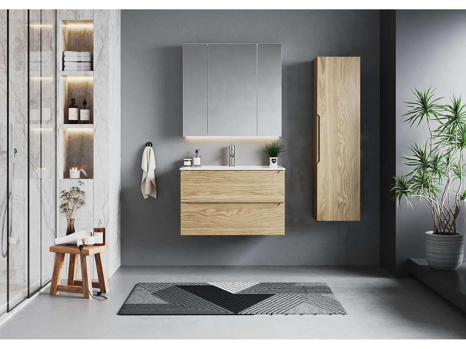 Ensemble pour salle de bain 80 cm Meuble avec lavabo Colonne Chêne huilé Etna