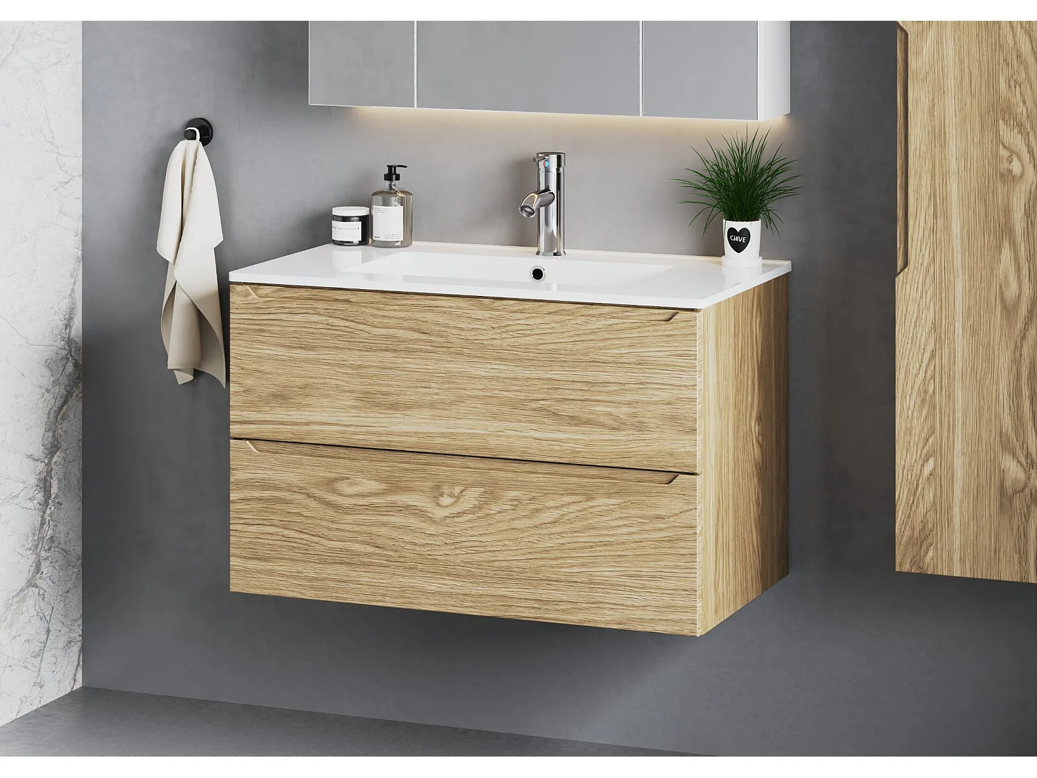 Ensemble pour salle de bain 80 cm Meuble avec lavabo Colonne Chêne huilé Etna