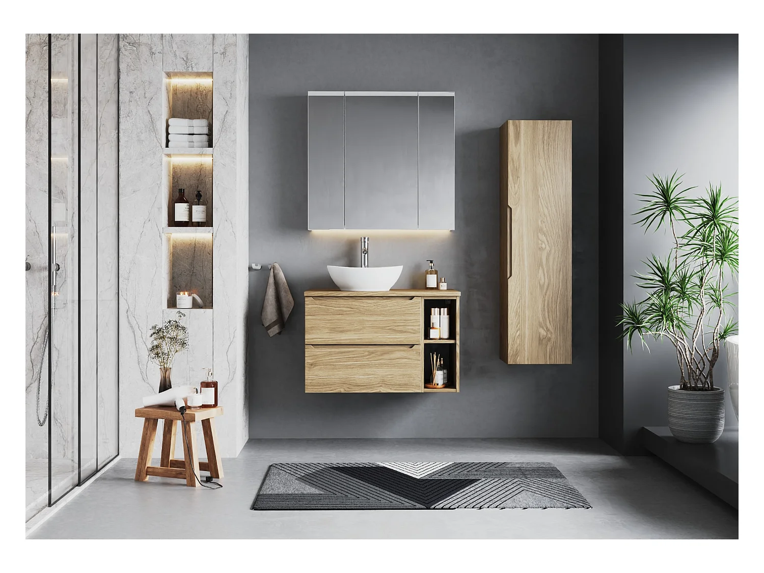 Ensemble pour salle de bain 80 cm Armoire Étagère Plan de travail Lavabo Colonne Chêne huilé Etna