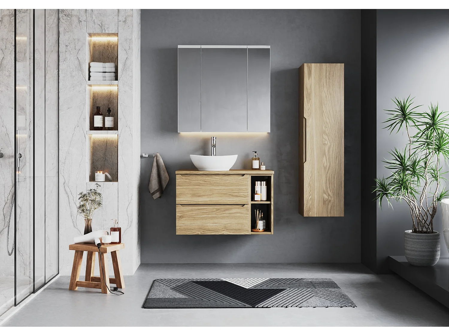 Viggo single vanity unit 80cm 2 niches and column Wood