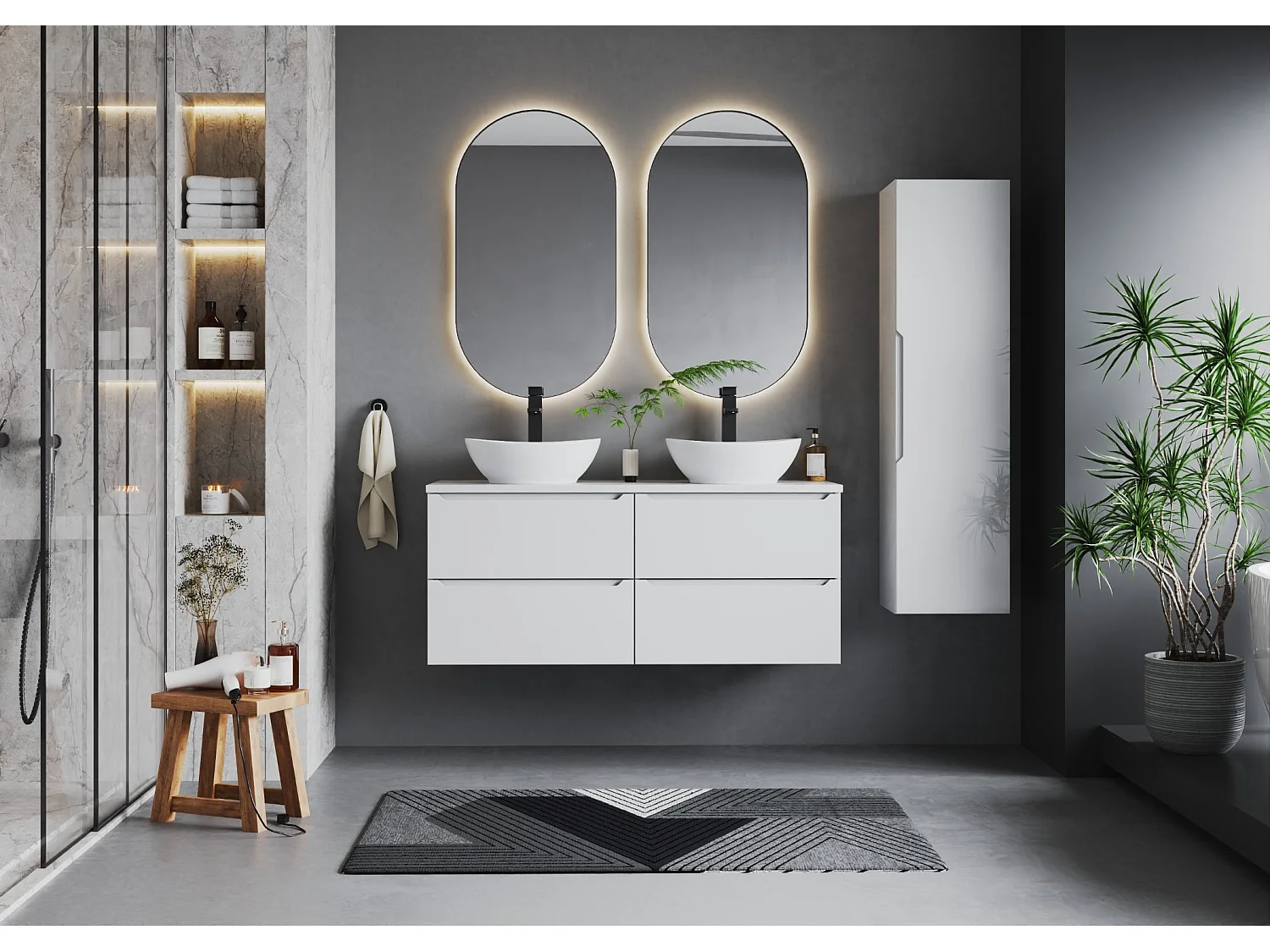Ensemble blanc pour salle de bain 120 cm Armoire Plan de travail Lavabo Colonne Etna