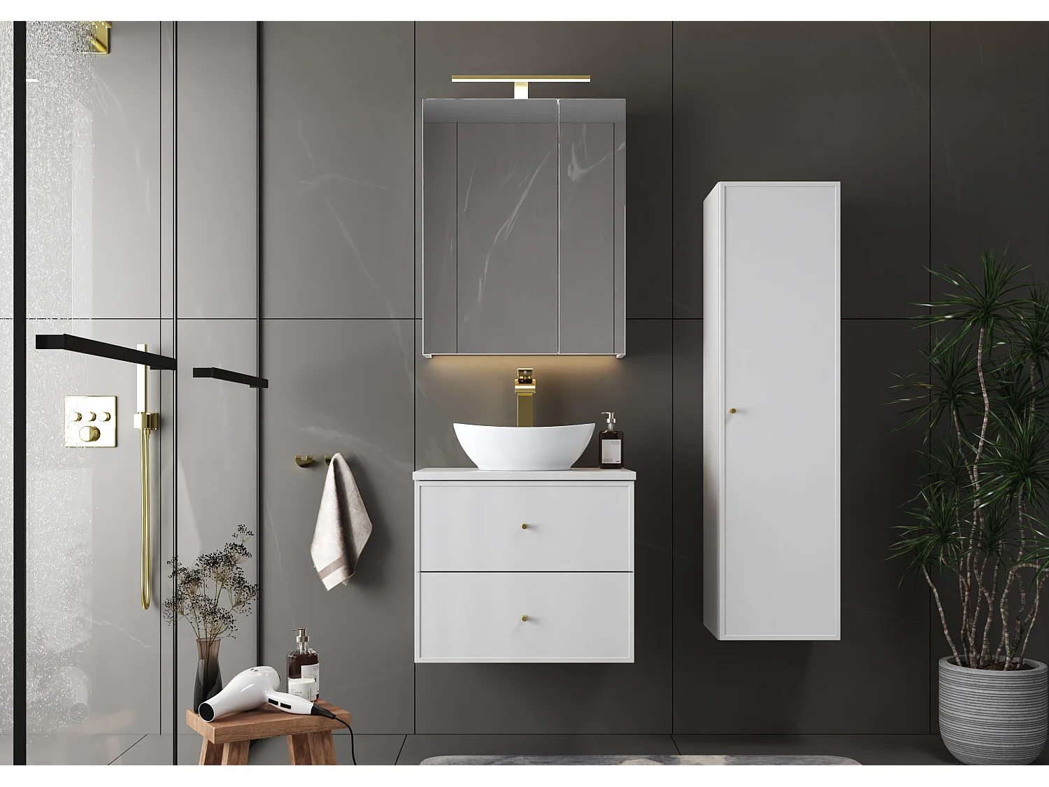 Ensemble blanc pour salle de bain 60 cm Meuble avec plan de travail Lavabo Marco