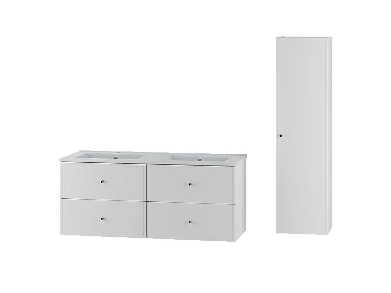 Weißes Badezimmer-Set 120 cm Schrank mit Waschbecken und Hochschrank Marco