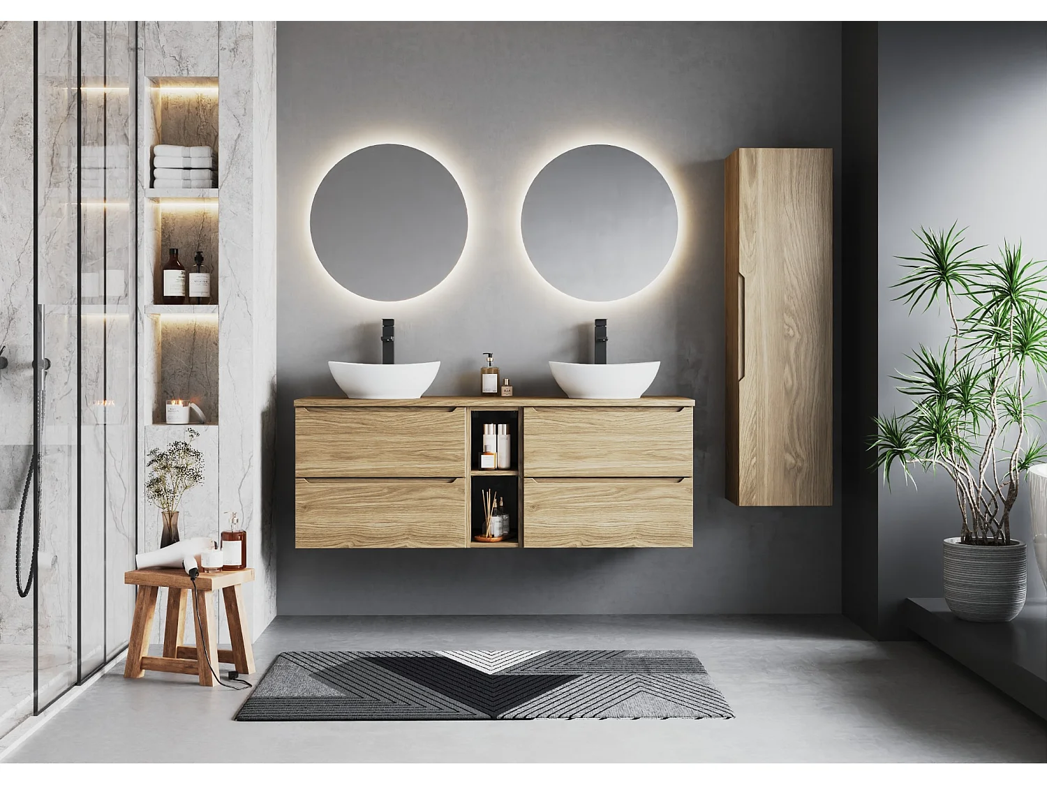 Ensemble pour salle de bain 140 cm Armoire Étagère Plan de travail Lavabo Colonne Colonne Chêne huilé Etna