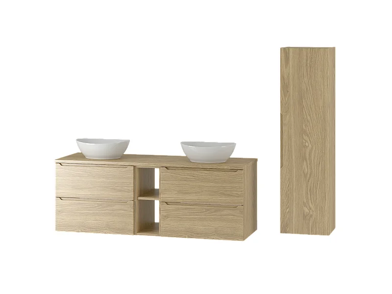 Ensemble pour salle de bain 140 cm Armoire Étagère Plan de travail Lavabo Colonne Colonne Chêne huilé Etna