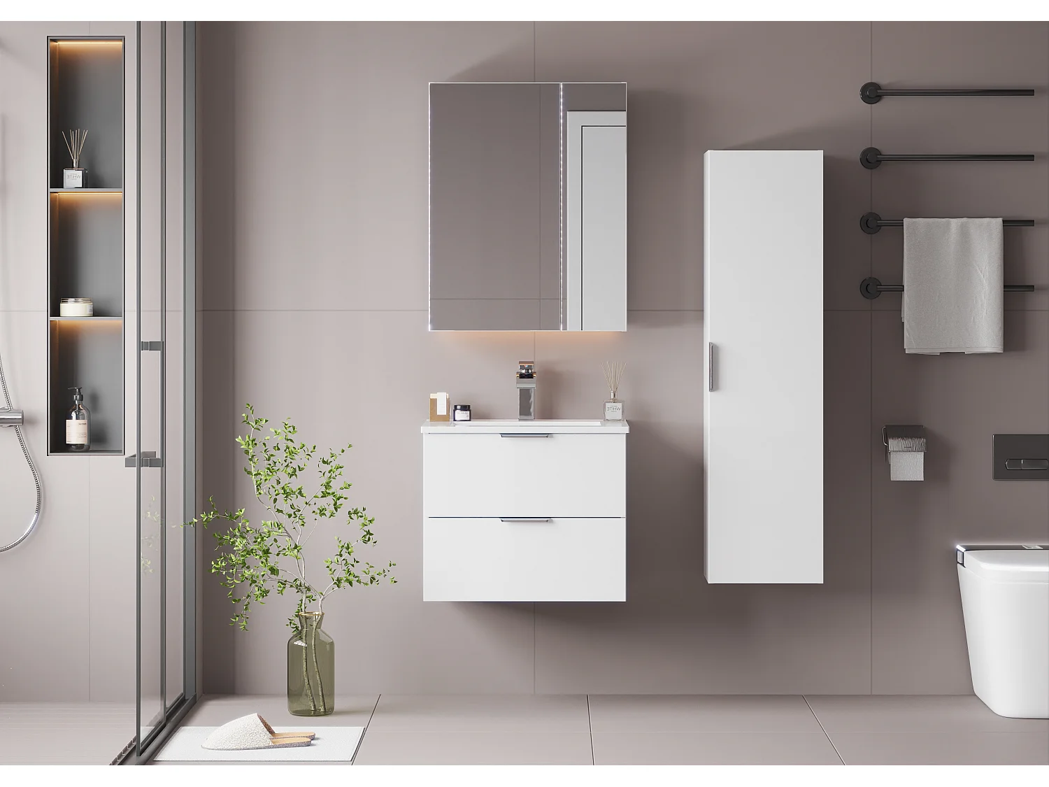 Ensemble de salle de bain blanc 60 cm Meuble avec lavabo Colonne Pile