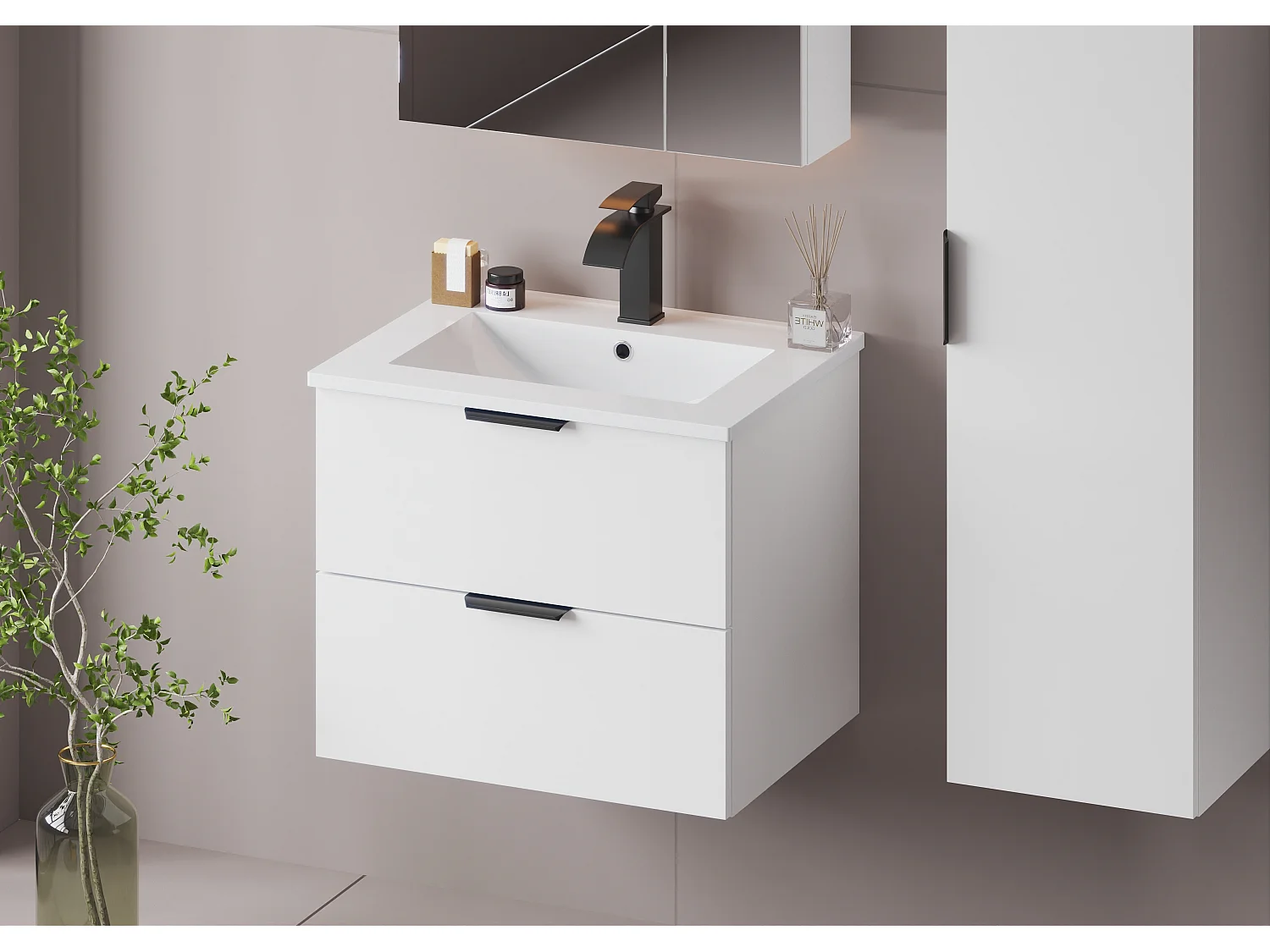 Ensemble de salle de bain blanc 60 cm Meuble avec lavabo Colonne Pile