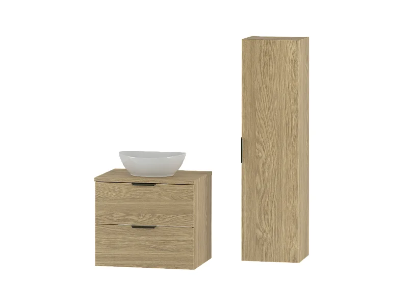 Badezimmer-Set 60 cm Schrank mit Arbeitsplatte und Waschbecken und Hochschrank Eiche geölt Pile