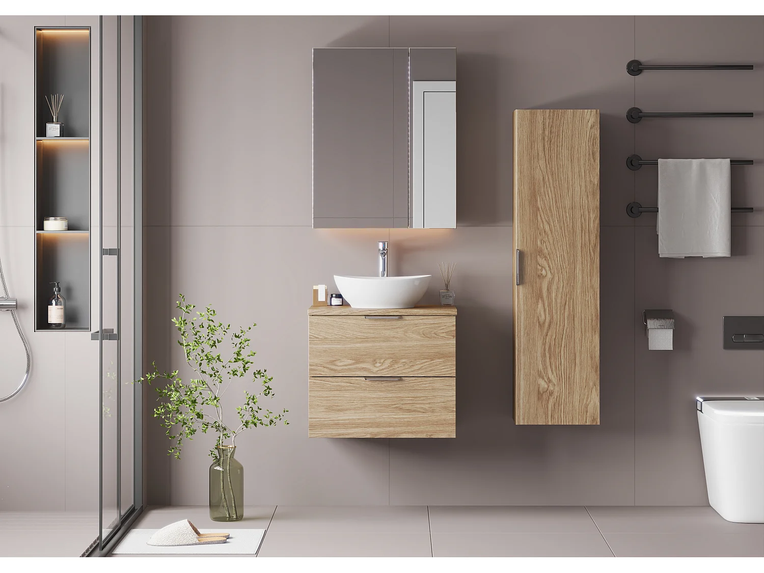 Ensemble pour salle de bain 60 cm Armoire avec plan de travail Lavabo Colonne Chêne huilé Pile
