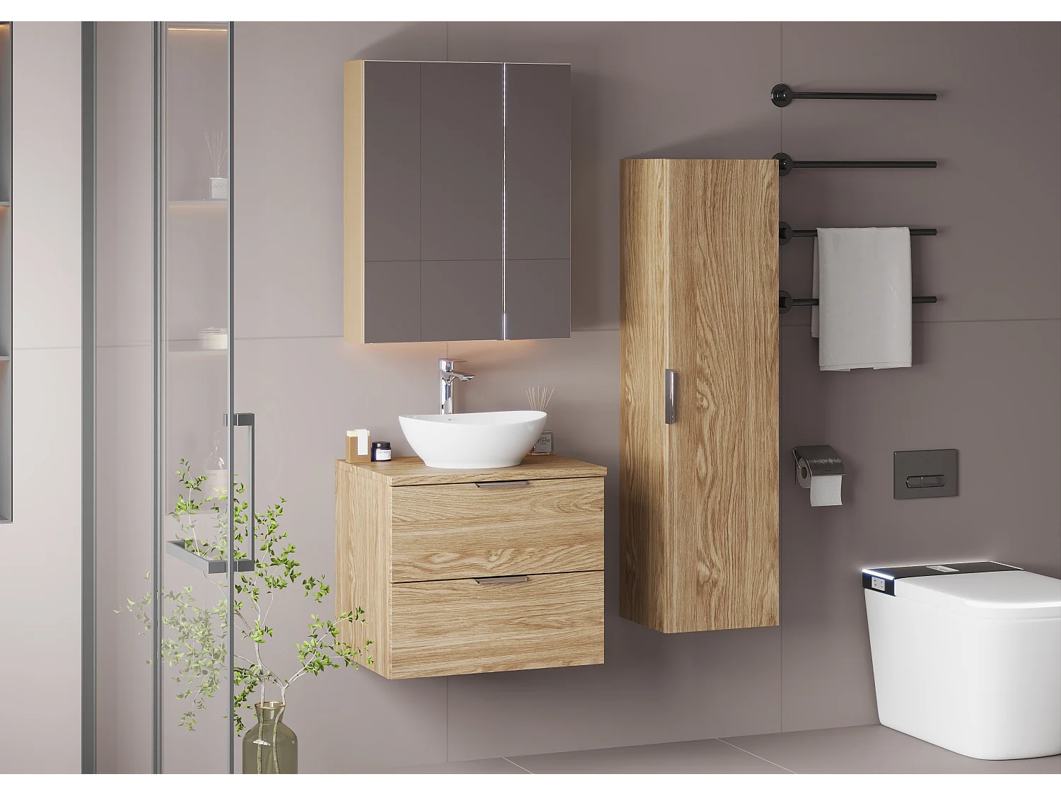 Ensemble pour salle de bain 60 cm Armoire avec plan de travail Lavabo Colonne Chêne huilé Pile