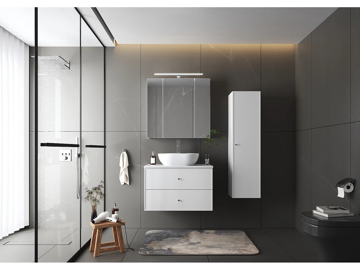 Ensemble blanc pour salle de bain 80 cm Armoire avec plan de travail Lavabo Colonne Marco