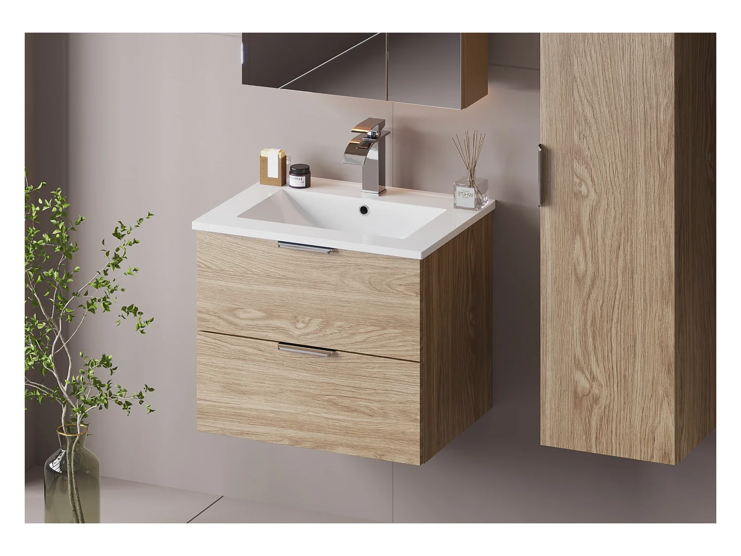 Ensemble pour salle de bain 60 cm Meuble avec lavabo Chêne huilé Pile