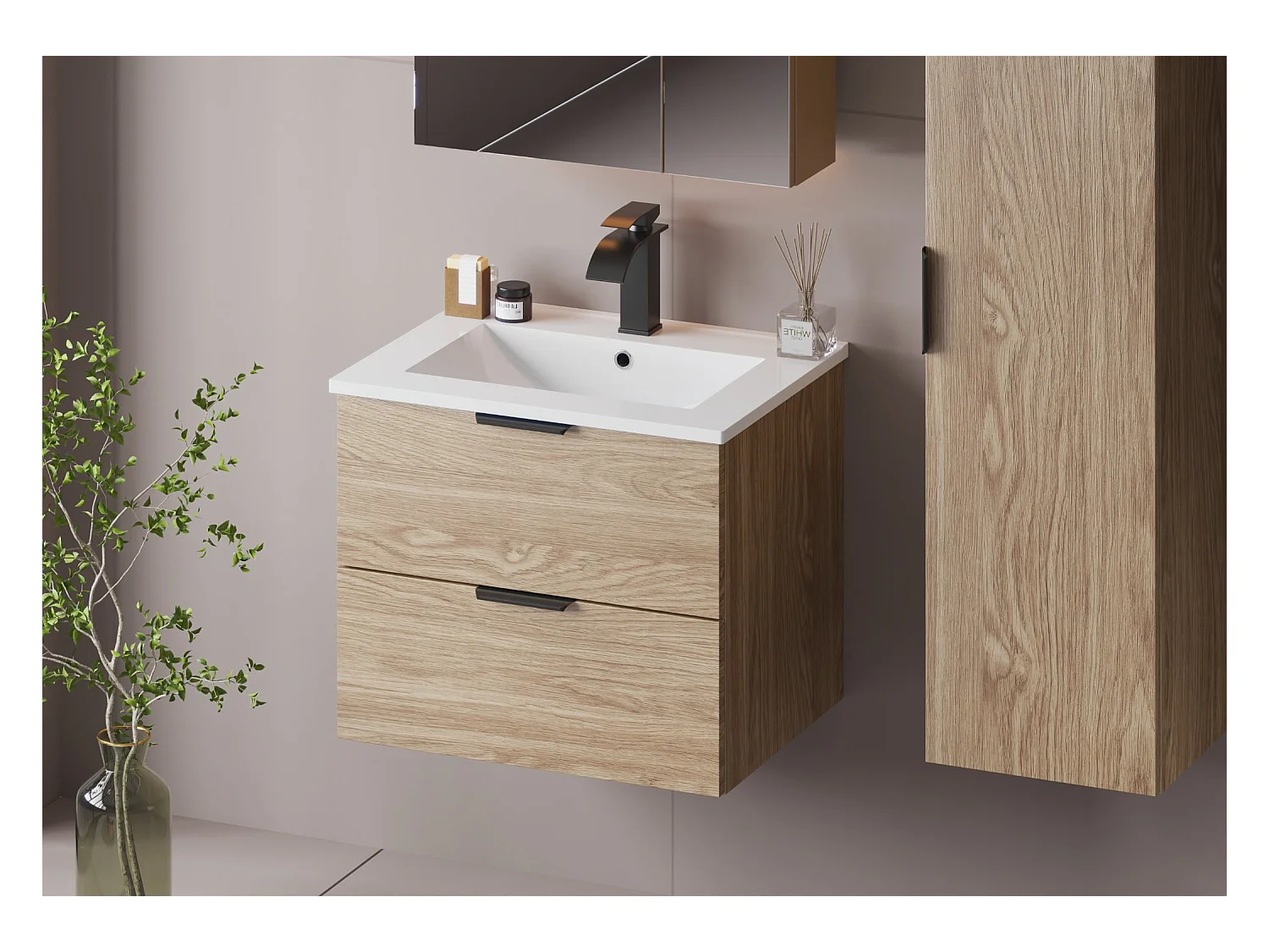 Ensemble pour salle de bain 60 cm Meuble avec lavabo Chêne huilé Pile