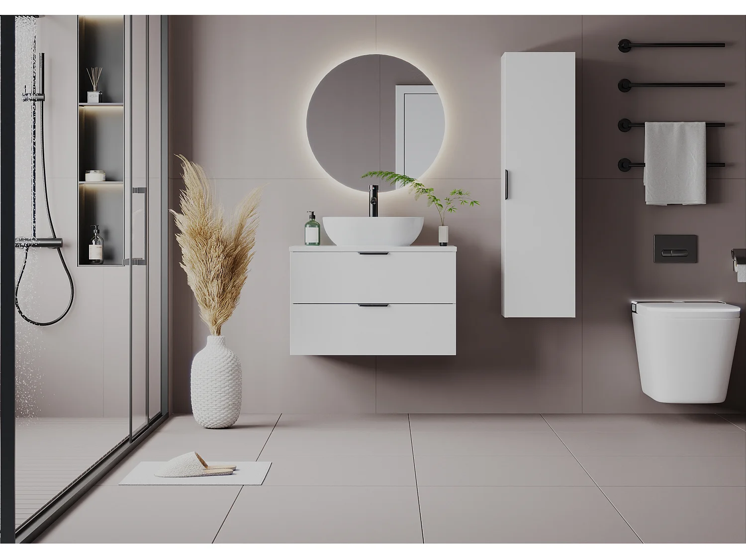 Witte badkamerset 80 cm Kast met wastafelblad Wastafelkolom Pile