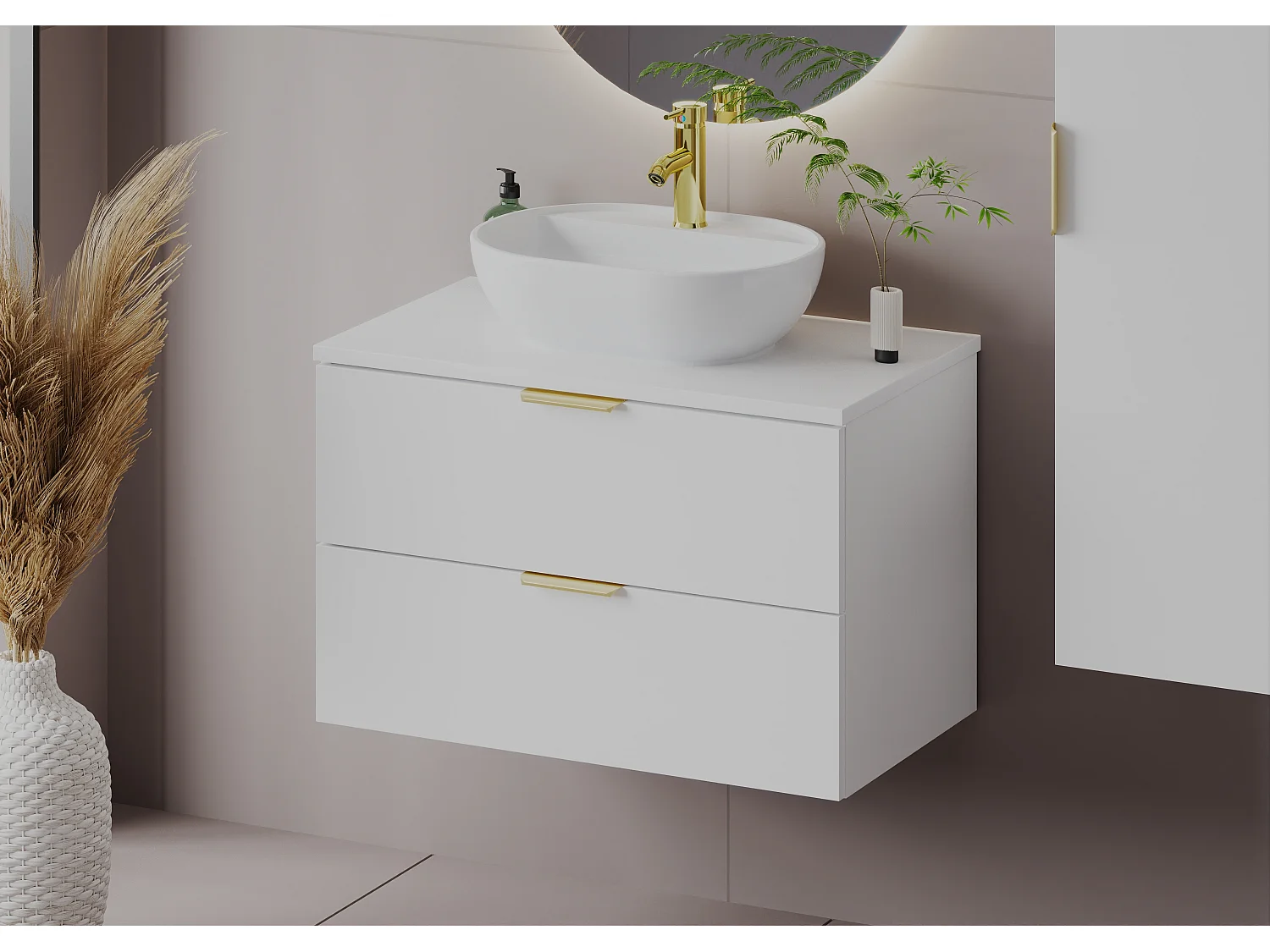 Witte badkamerset 80 cm Kast met wastafelblad Wastafelkolom Pile