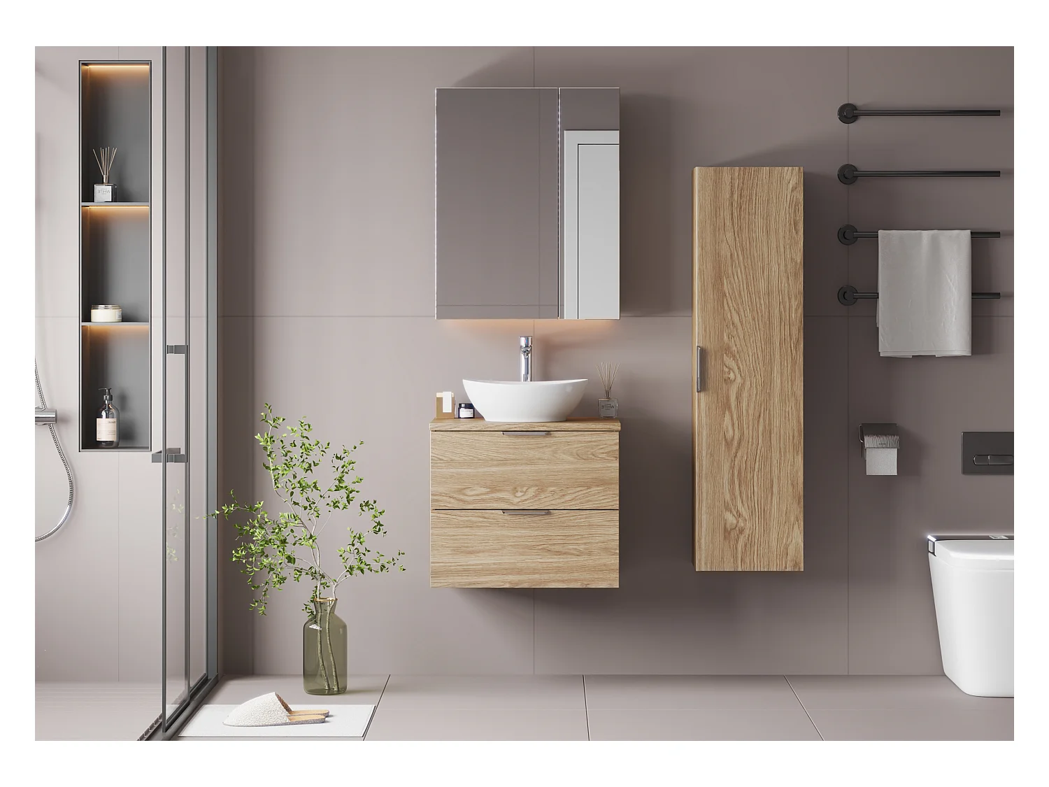 Ensemble pour salle de bain 60 cm Armoire avec plan de travail Lavabo Chêne huilé Pile