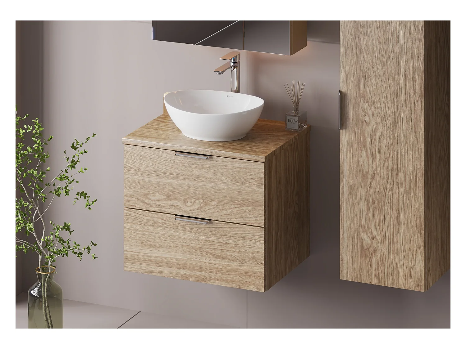 Ensemble pour salle de bain 60 cm Armoire avec plan de travail Lavabo Chêne huilé Pile