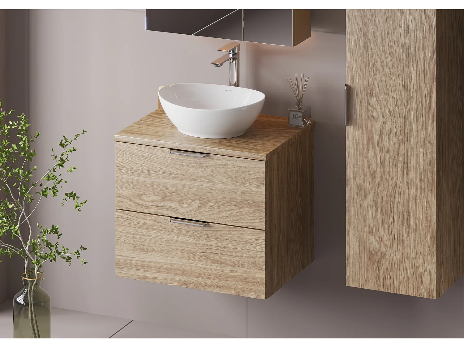 Ensemble pour salle de bain 60 cm Armoire avec plan de travail Lavabo Chêne huilé Pile