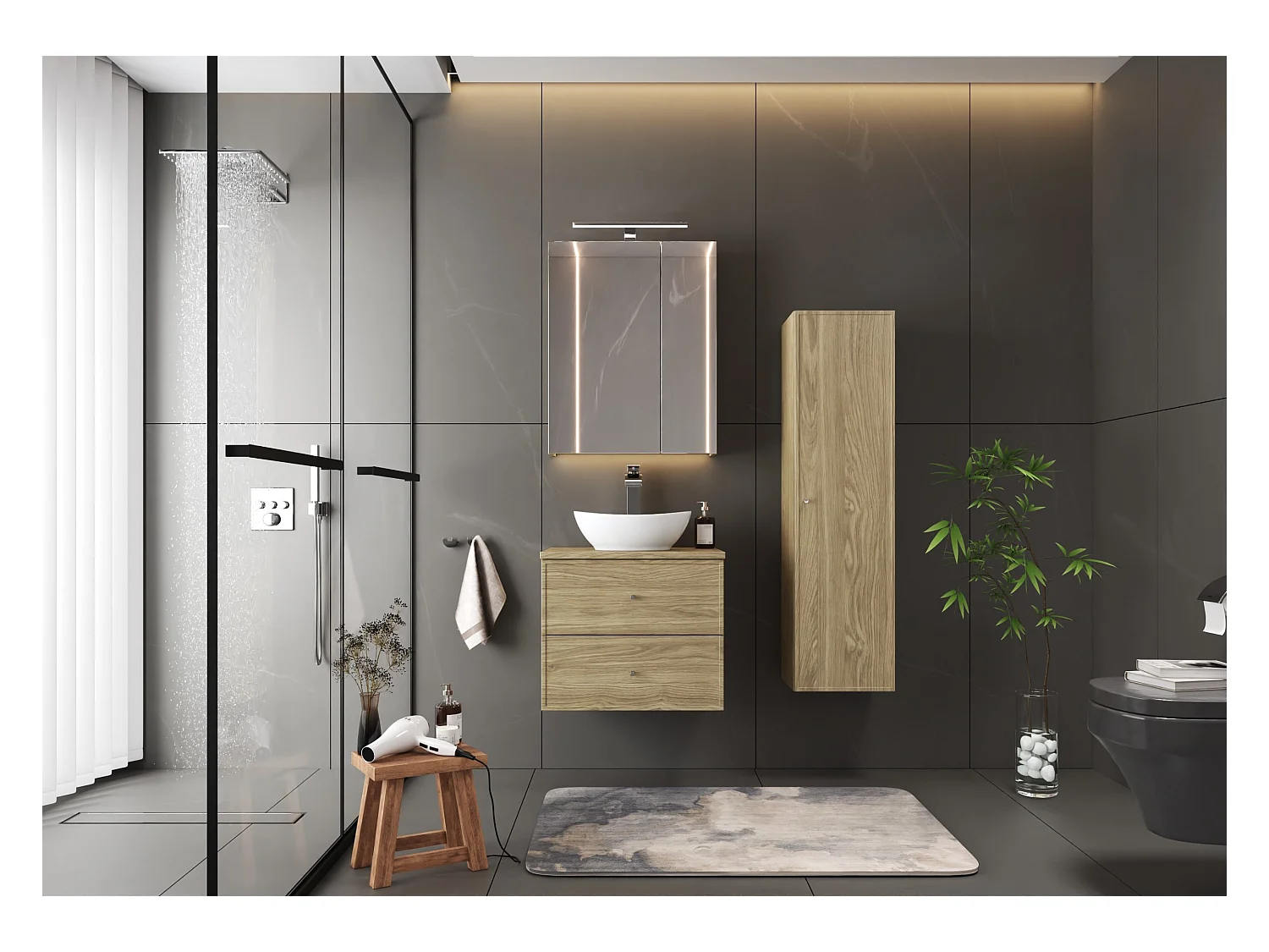 Ensemble pour salle de bain 60 cm Armoire avec plan de travail Lavabo Chêne huilé Marco