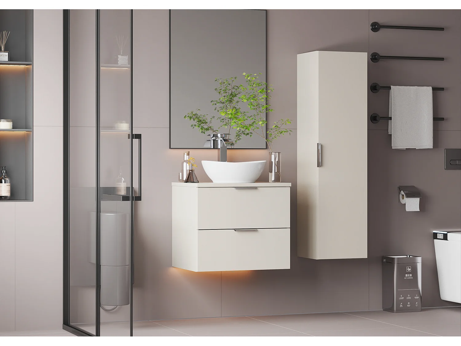 Ensemble de salle de bain en cachemire 60 cm Armoire avec plan de travail Lavabo Pile