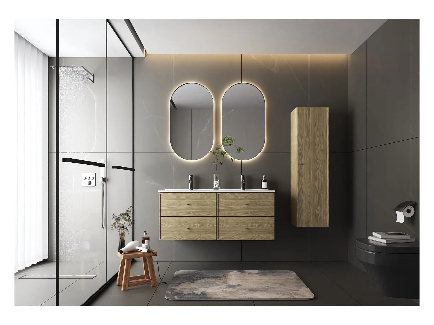 Ensemble pour salle de bain 120 cm Meuble avec lavabo Colonne Colonne Chêne huilé Marco