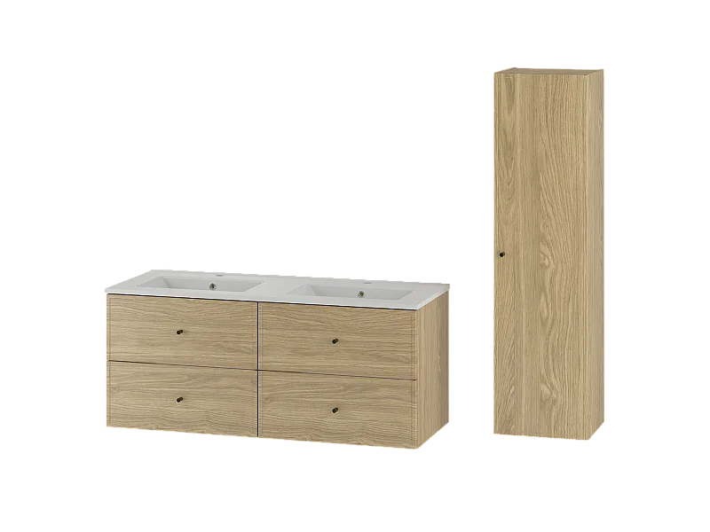 Ensemble pour salle de bain 120 cm Meuble avec lavabo Colonne Colonne Chêne huilé Marco