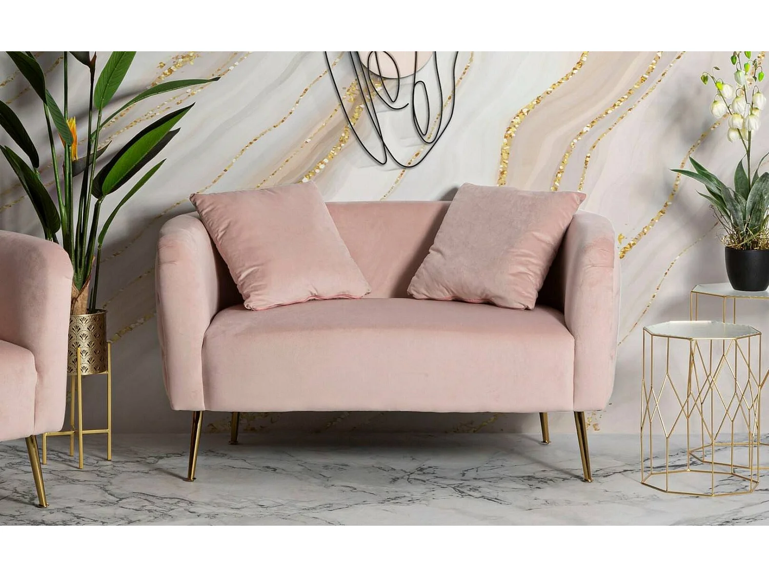 Canapé fixe 2 places Cappa, tissu rembourré avec 2 coussins inclus, 74x127x71h cm rose