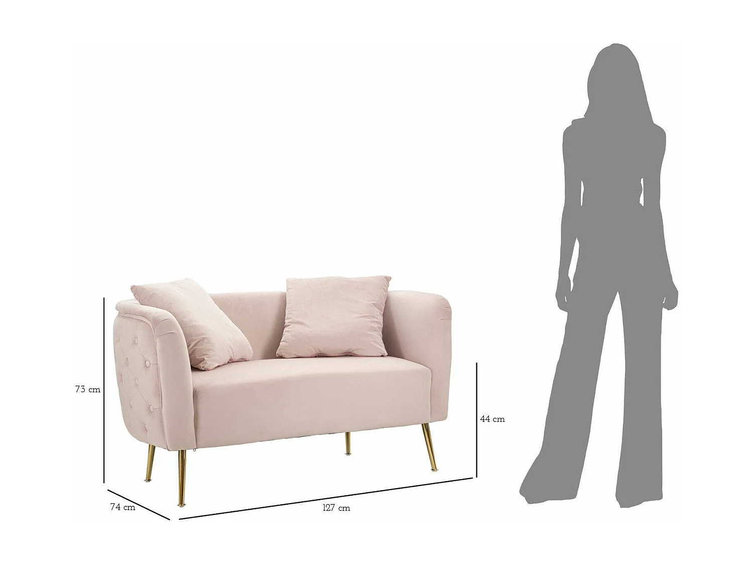 Canapé fixe 2 places Cappa, tissu rembourré avec 2 coussins inclus, 74x127x71h cm rose