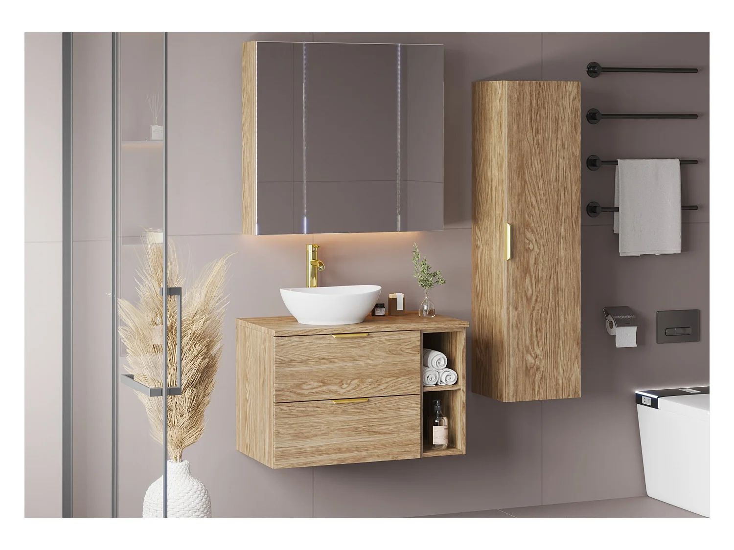 Badkamermeubel Hoge kolom 1 deur Eiken geolied Pile