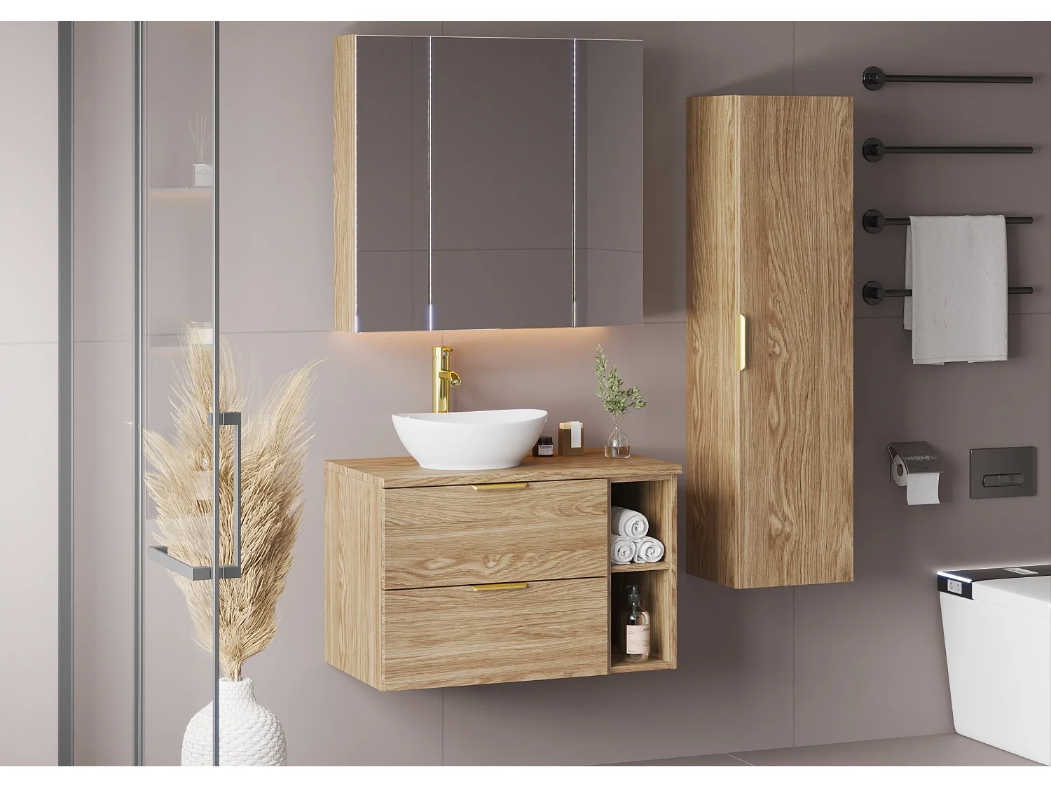 Armoire de salle de bain Colonne haute 1 porte Chêne huilé Pile