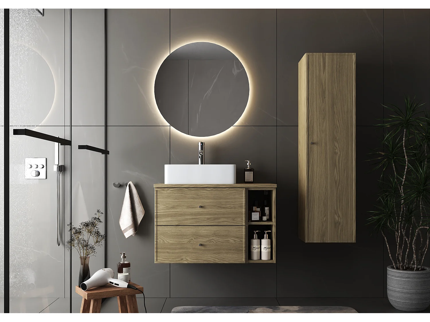 Armoire de salle de bain Colonne haute 1 porte Chêne huilé Marco