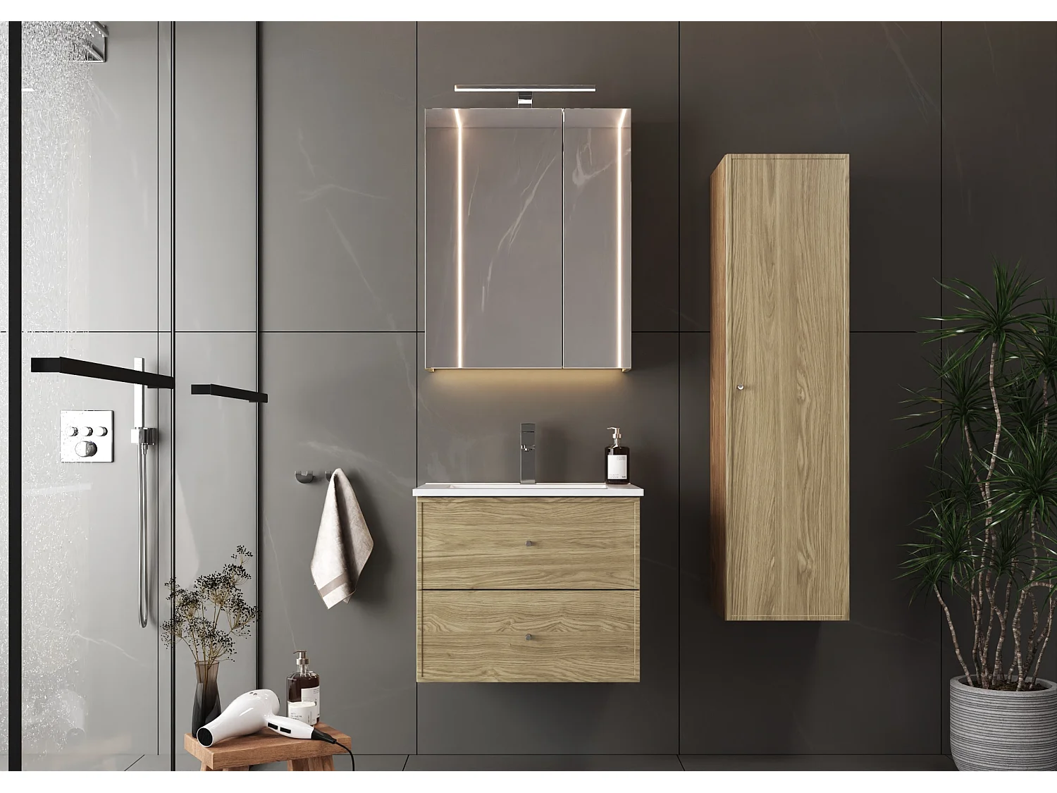 Armoire de salle de bain Colonne haute 1 porte Chêne huilé Marco