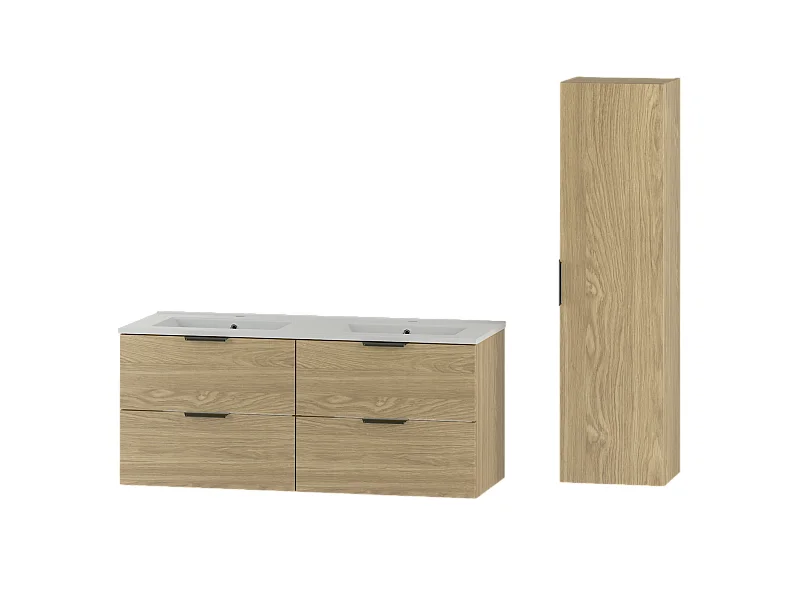 Ensemble pour salle de bain 120 cm Meuble avec lavabo Colonne Colonne Chêne huilé Pile
