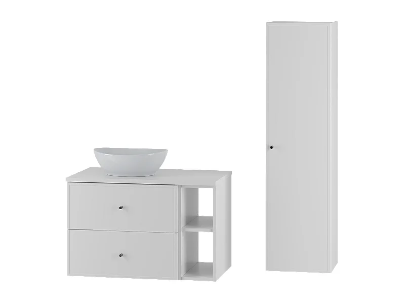 Weißes Badezimmer-Set 80 cm Schrank mit Arbeitsplatte Waschbecken und Regal und Hochschrank Marco