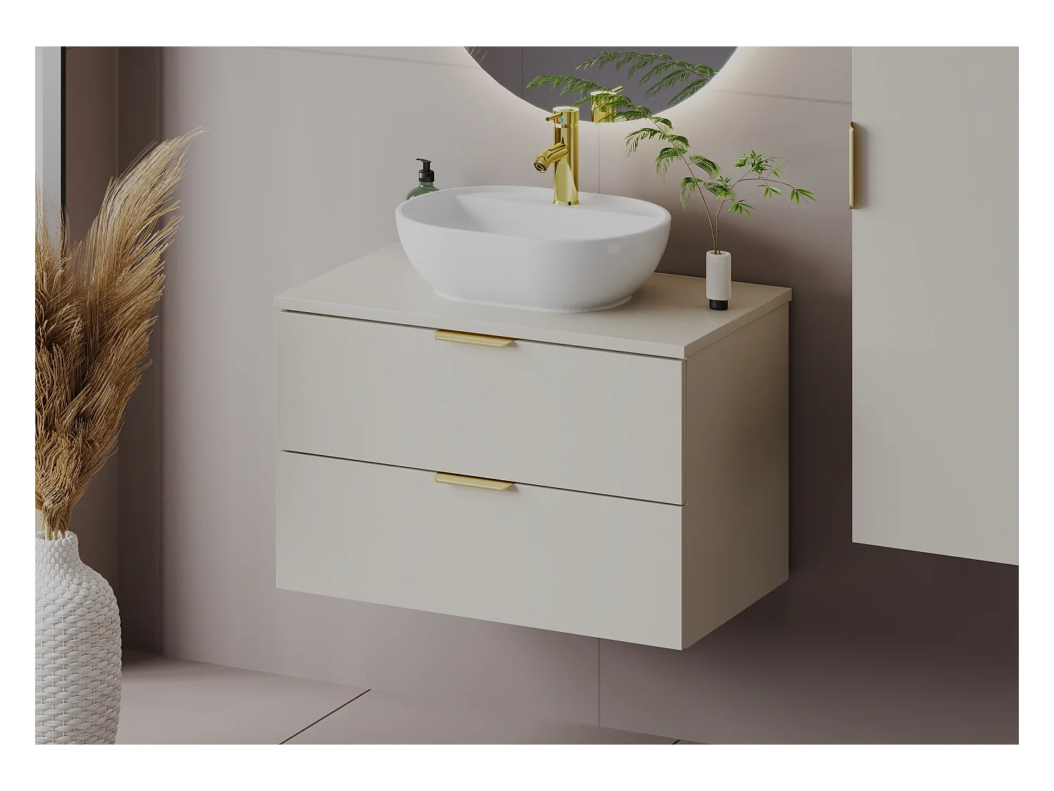 Ensemble de salle de bain en cachemire 80 cm Armoire avec plan de travail Lavabo Colonne Pile