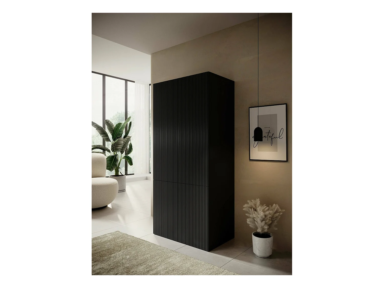Armoire 2 Portes Esposende, Porte-manteau, 55.5x198.5h cm Noir, Armoire Chambre à Coucher