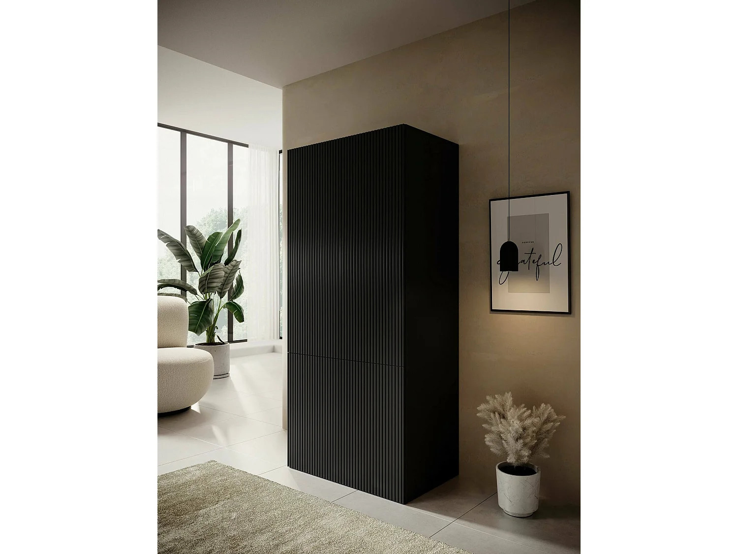 Armoire 2 Portes Esposende, Porte-manteau, 55.5x198.5h cm Noir, Armoire Chambre à Coucher