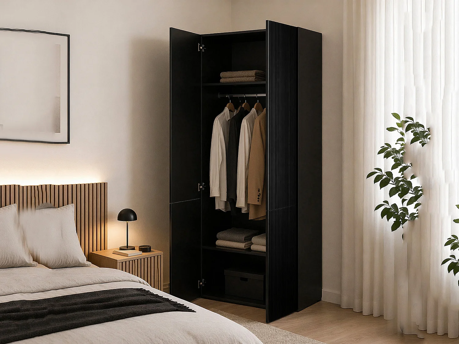 Armoire 2 Portes Esposende, Porte-manteau, 55.5x198.5h cm Noir, Armoire Chambre à Coucher