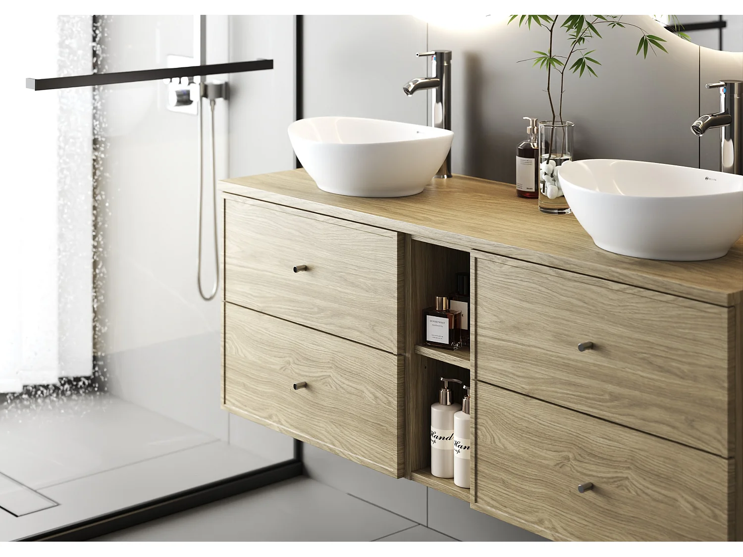 Ensemble pour salle de bain 120 cm Armoire Plan de travail Lavabo Colonne Colonne Chêne huilé Marco