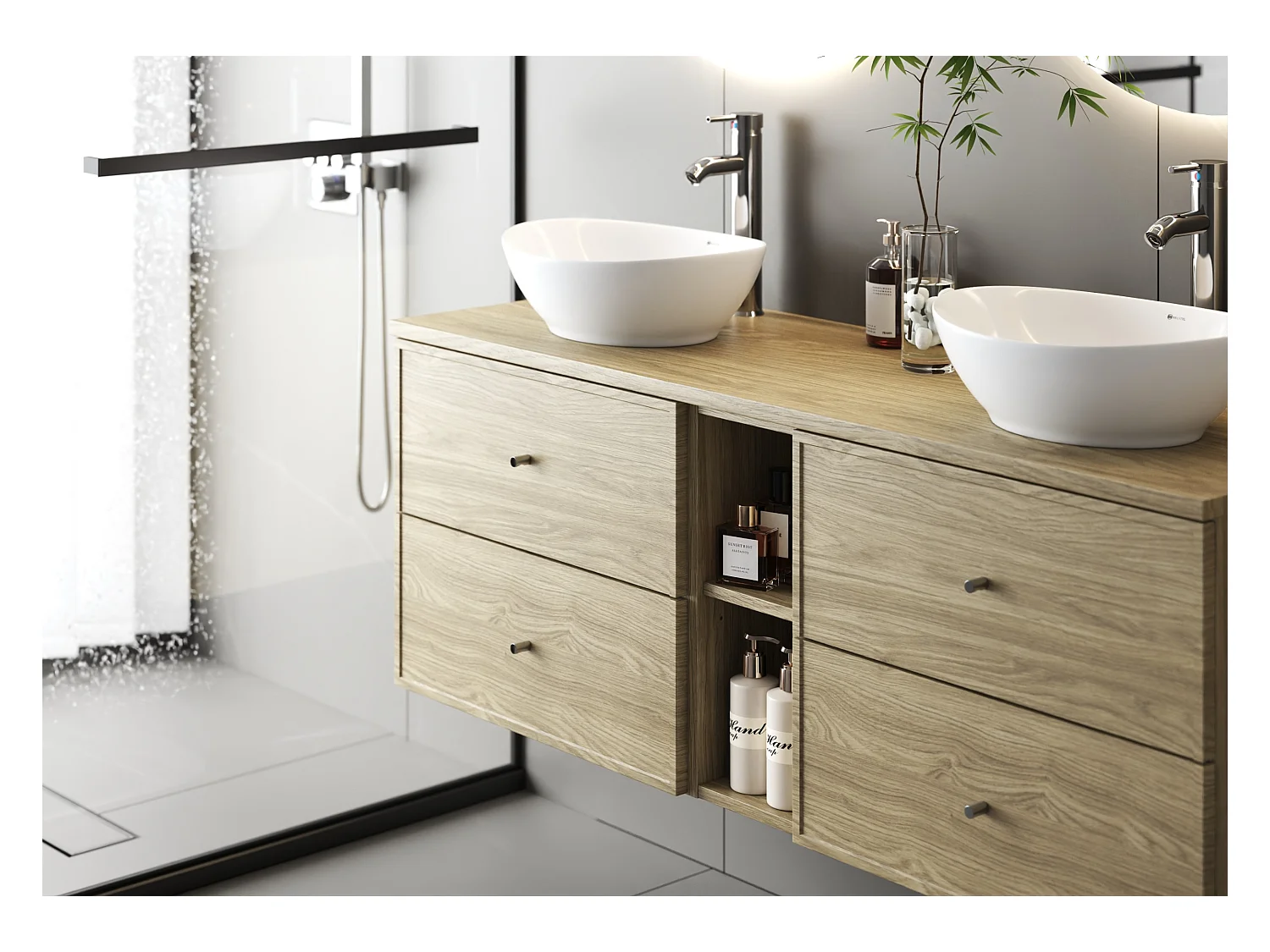 Ensemble pour salle de bain 120 cm Armoire Plan de travail Lavabo Colonne Colonne Chêne huilé Marco