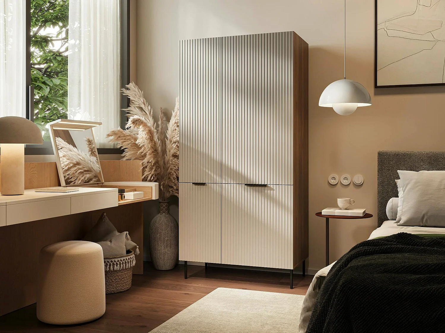 Guardaroba 2 ante Intelvi, Mobile multifunzionale con sei ripiani interni e una barra appendiabiti, Finitura effetto cannettato, 90x52 h185 cm, Beige