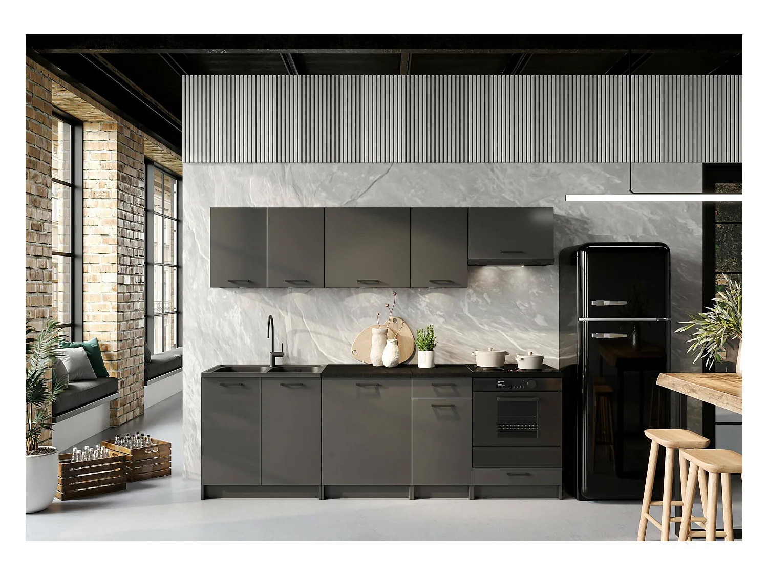 Cucina completa Mioglia, Set compatto e funzionale con ante e cassetto, Antracite