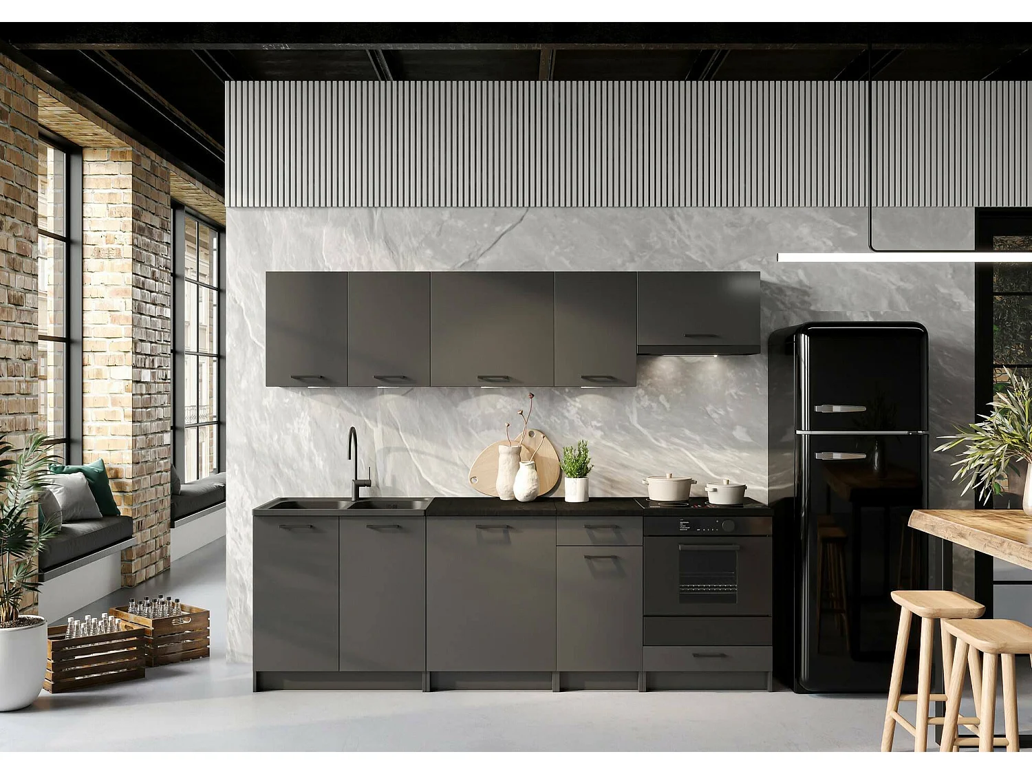 Cucina completa Mioglia, Set compatto e funzionale con ante e cassetto, Antracite