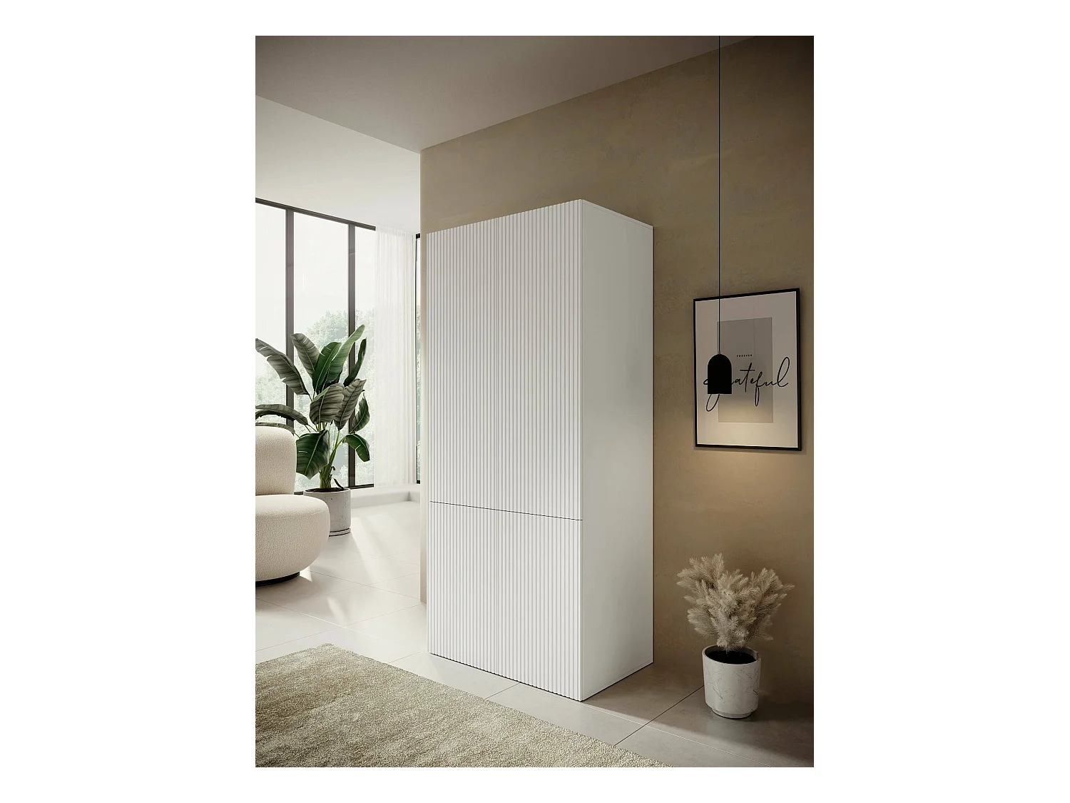 Armoire 2 Portes Esposende, Porte-manteau, 55,5x198,5h cm Blanc, Chambre à Coucher
